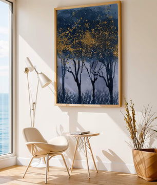 Mystical forest landscape with gold splatter art