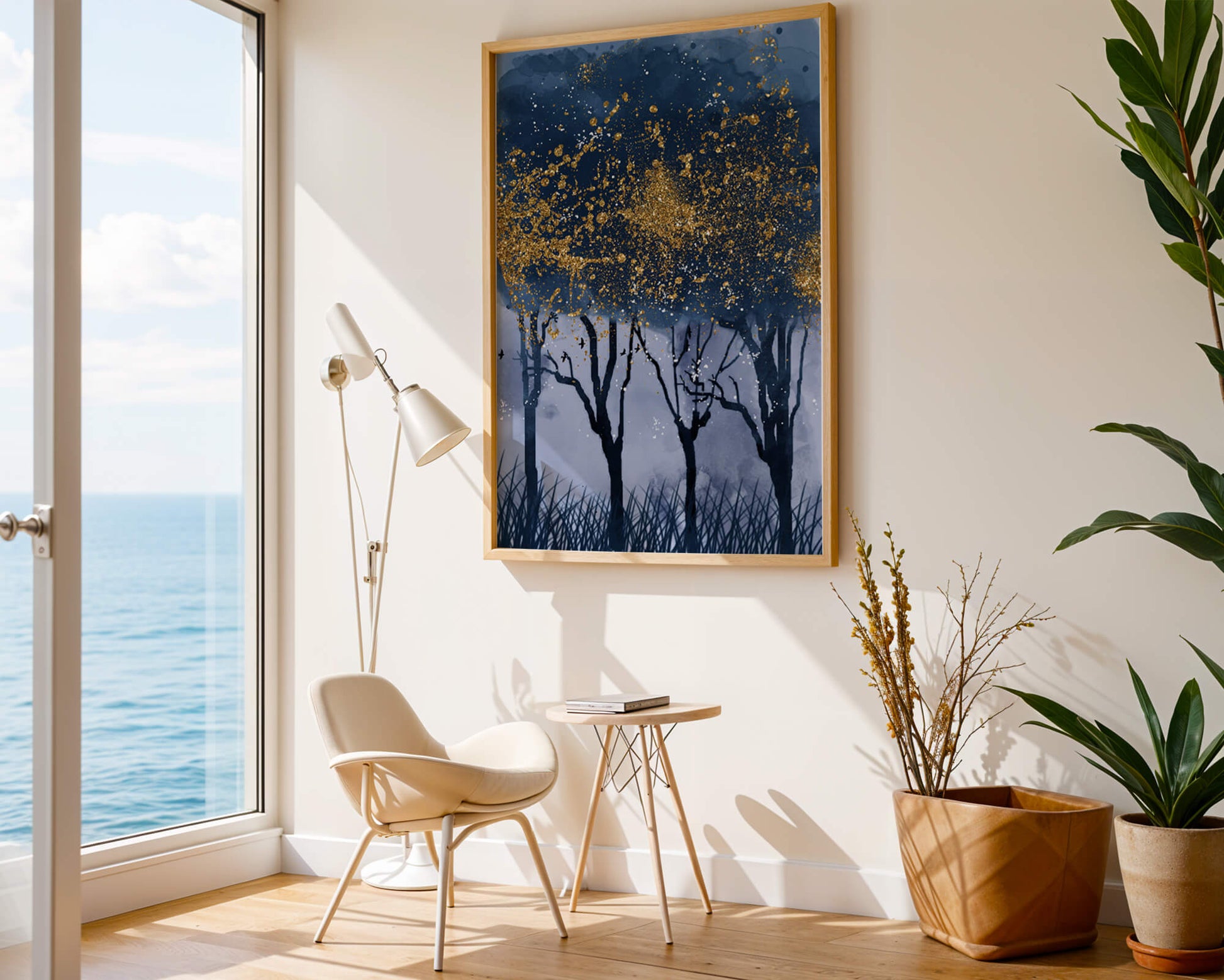 Mystical forest landscape with gold splatter art