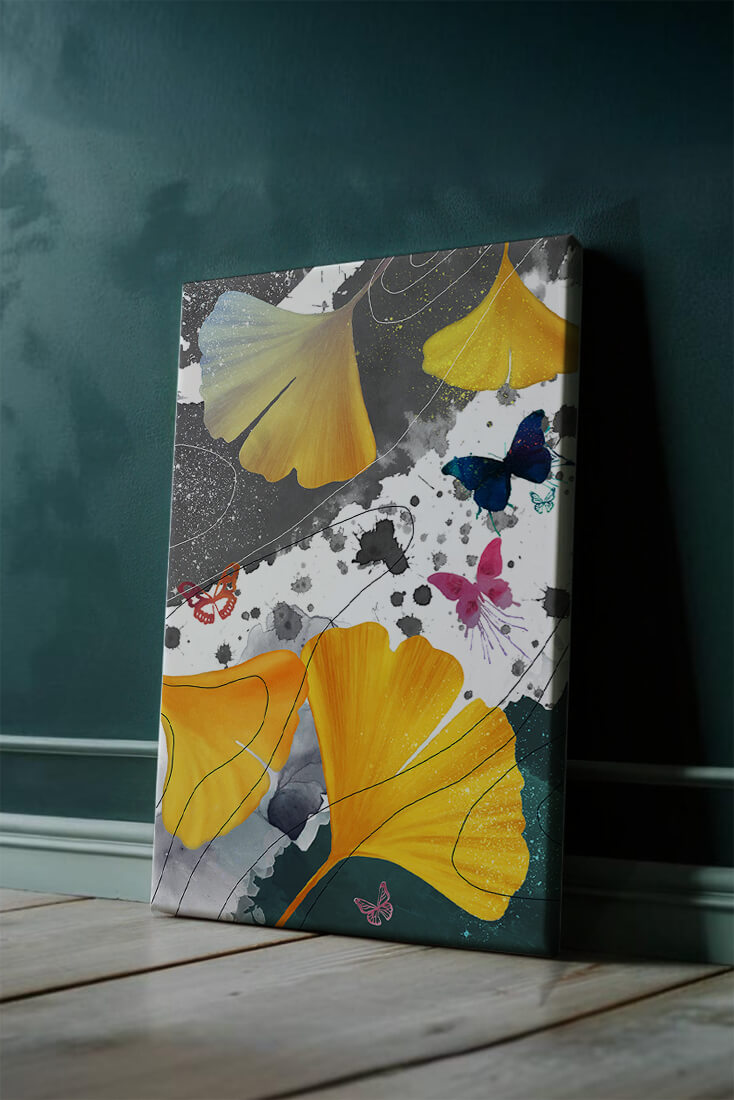 Composición artística con hojas amarillas y mariposas