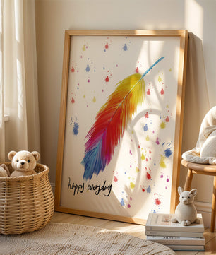 Colorful feather with inspirational message on abstract paint splatter background