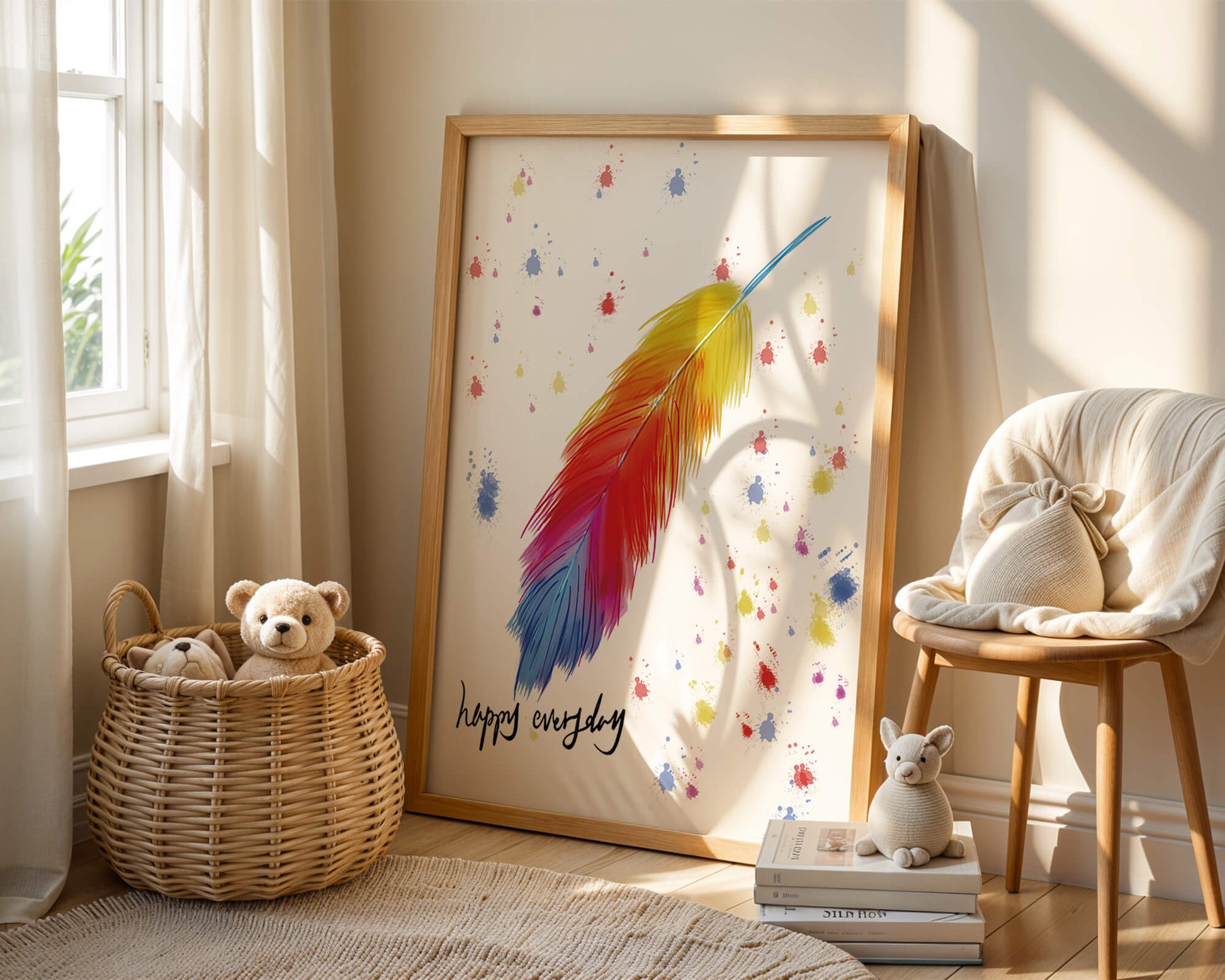 Colorful feather with inspirational message on abstract paint splatter background
