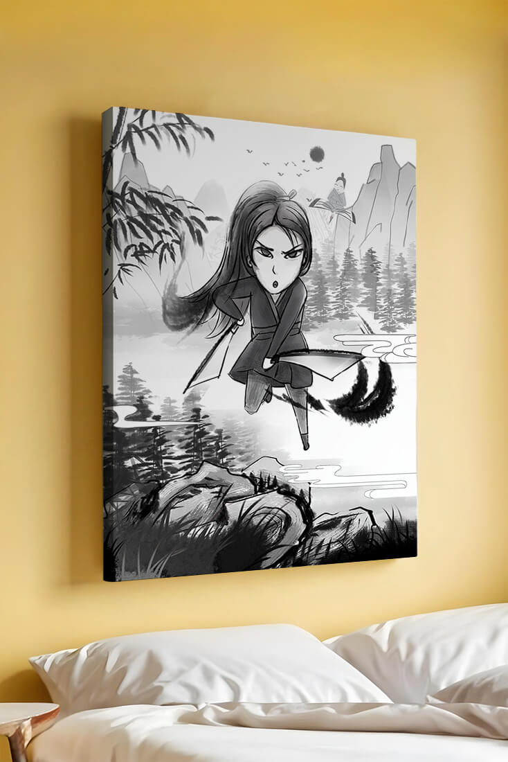 Warrior In A Mystical Landscape With Mountains And Rivers