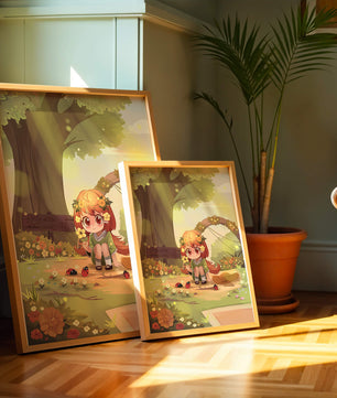 Charming anime-style scene with young girl, flowers, and nature background