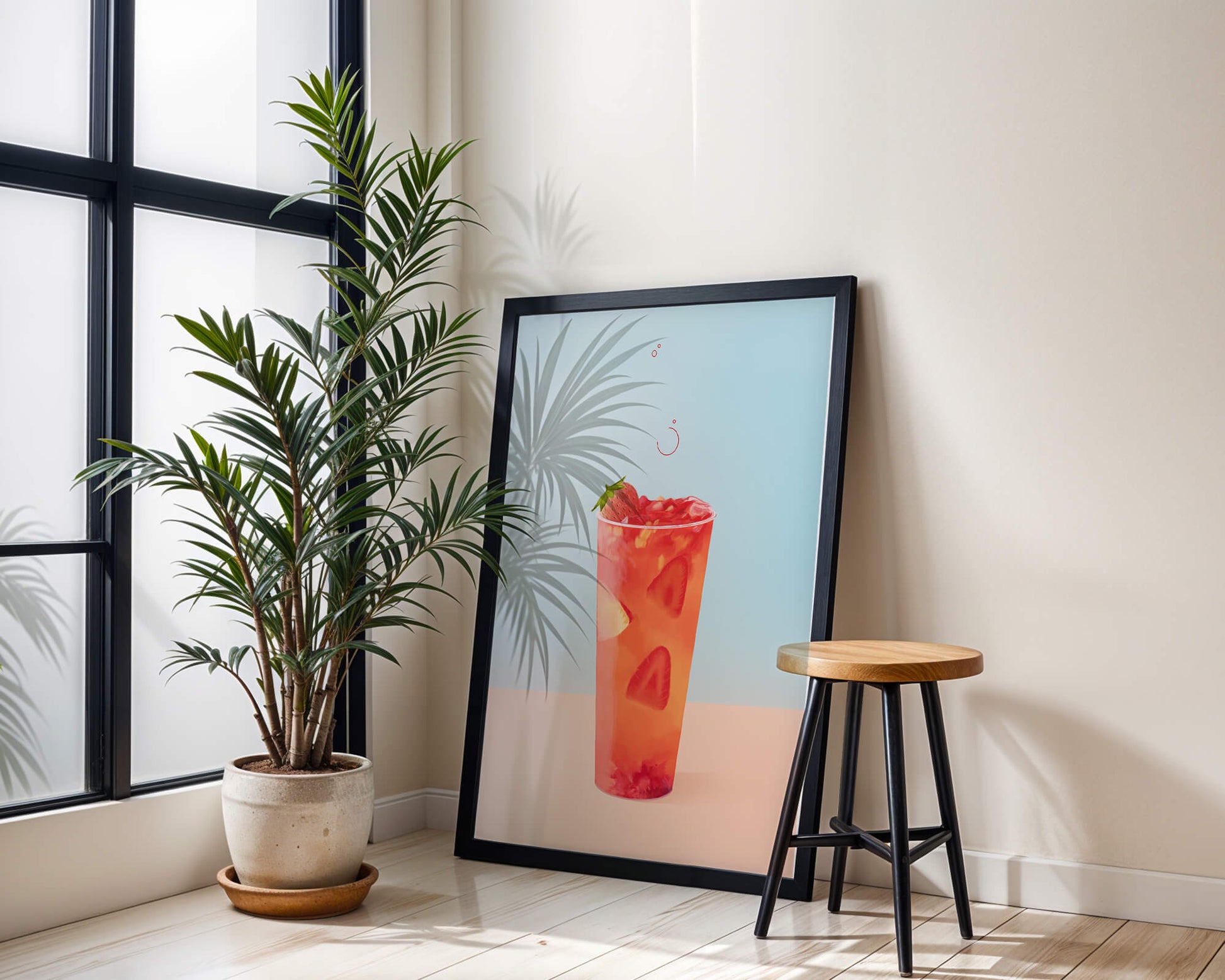 Refreshing strawberry drink with floating slices on pastel background