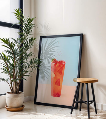 Refreshing strawberry drink with floating slices on pastel background