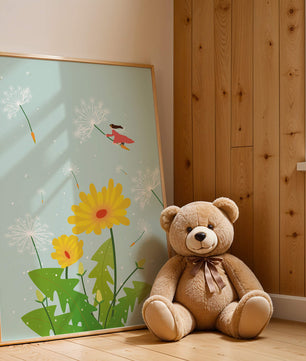 Whimsical illustration of a girl flying with dandelions in a colorful floral scene
