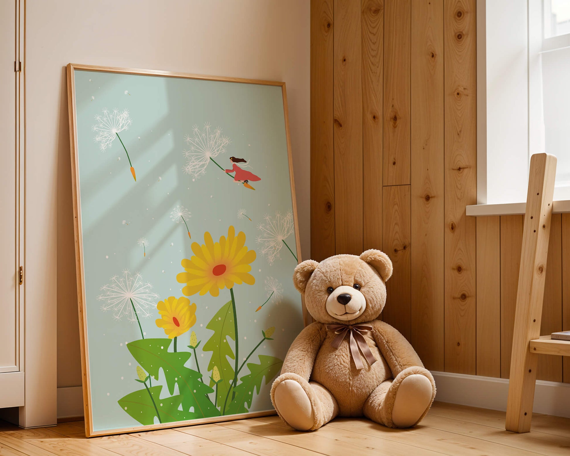 Whimsical illustration of a girl flying with dandelions in a colorful floral scene