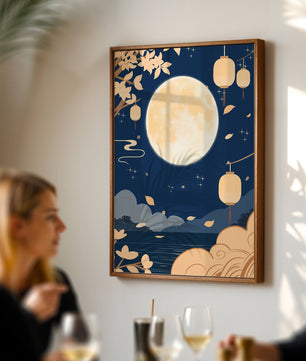 Full Moon Night with Lanterns and Falling Leaves in Tranquil Landscape