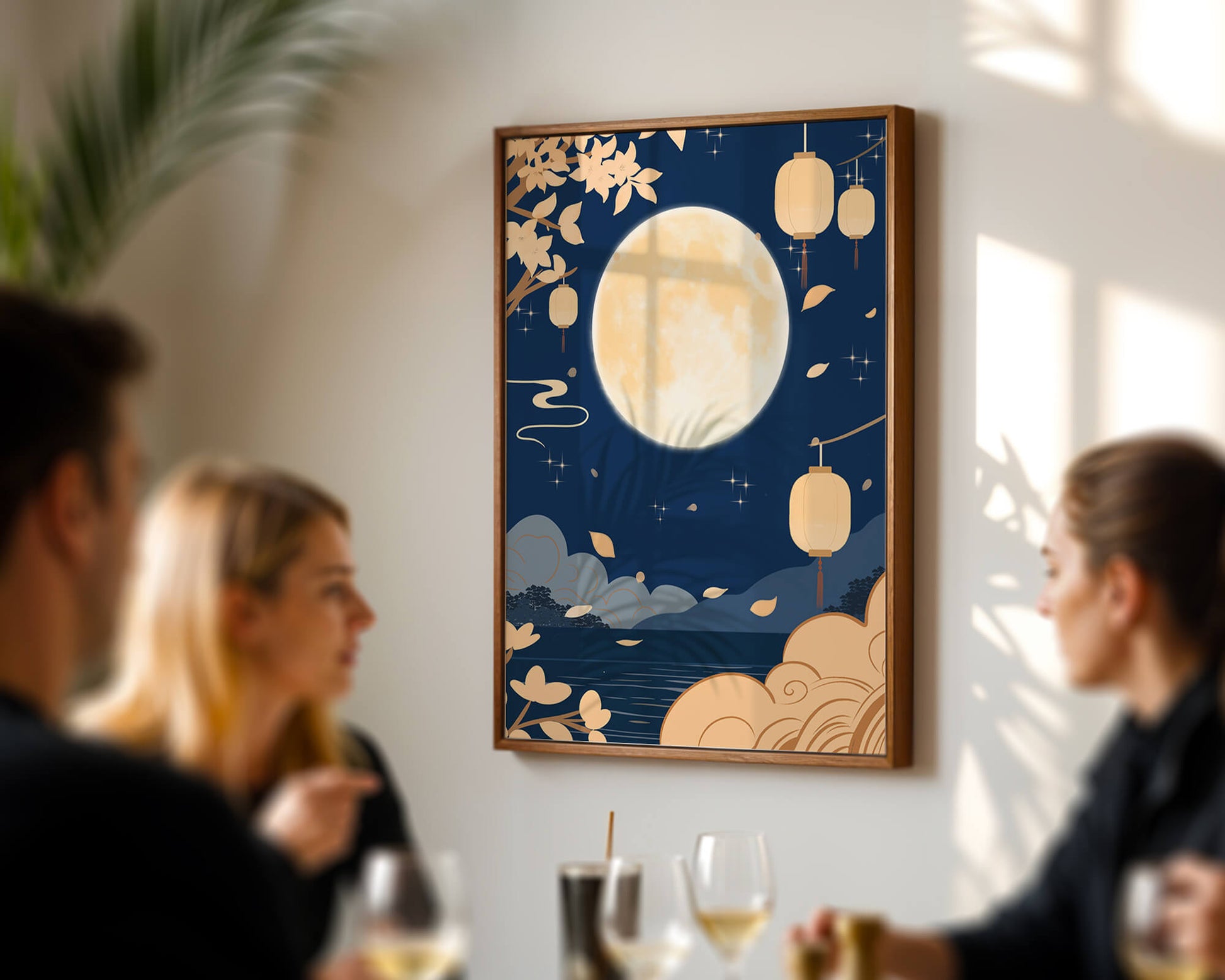 Full Moon Night with Lanterns and Falling Leaves in Tranquil Landscape