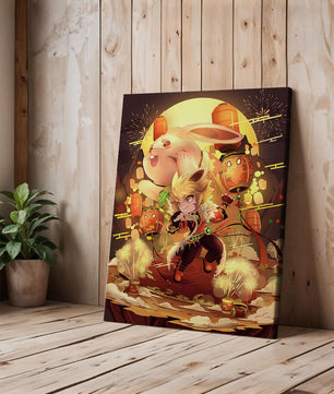Fantasy scene with rabbit and character amid fireworks and lanterns