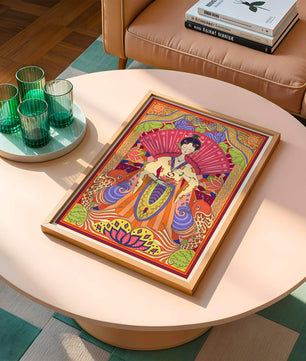 Ilustración oriental colorida con motivos de peces koi y loto