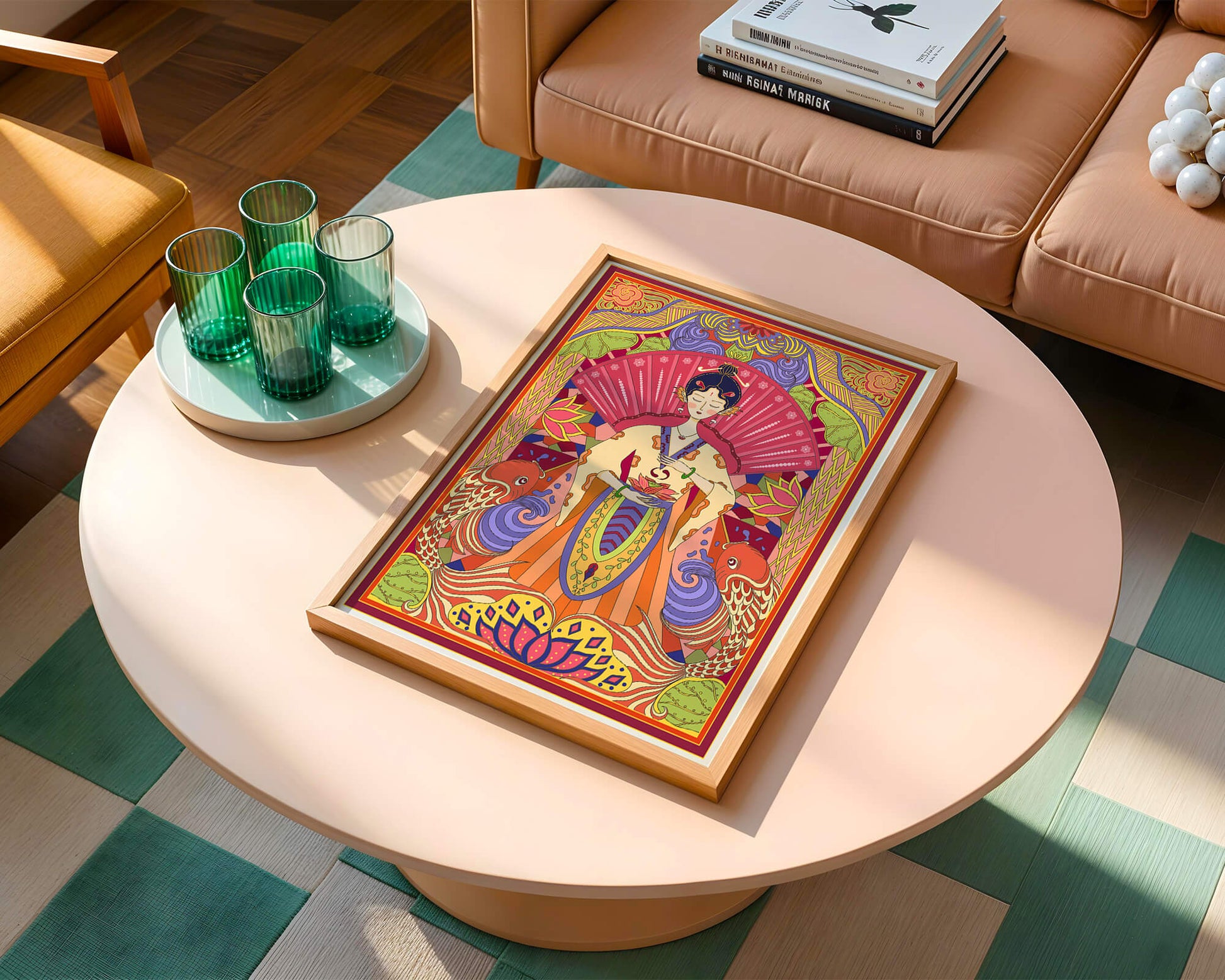 Ilustración oriental colorida con motivos de peces koi y loto