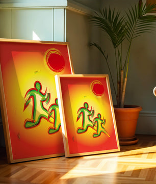 Abstract colorful figures under a vibrant sun with warm tones