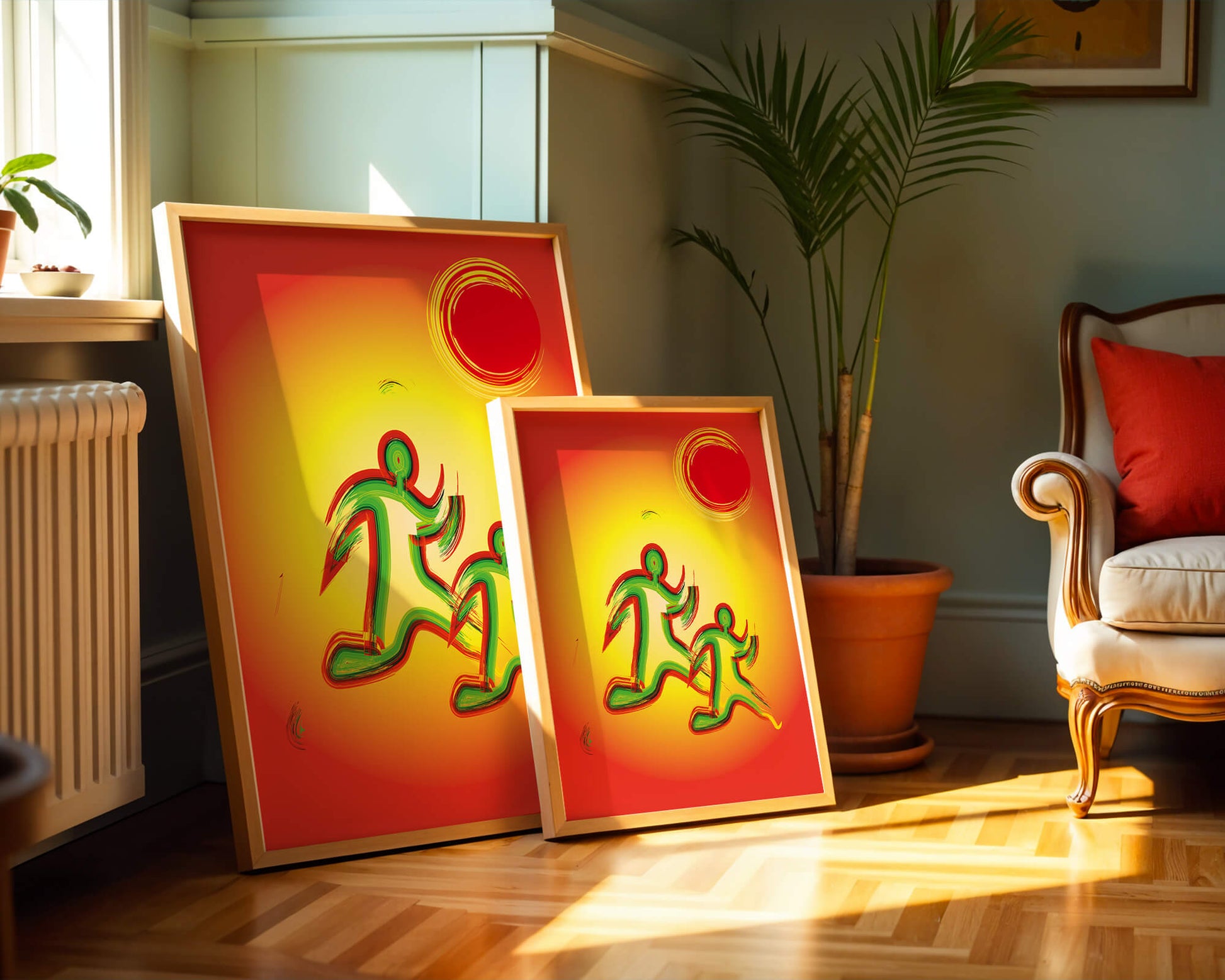 Abstract colorful figures under a vibrant sun with warm tones