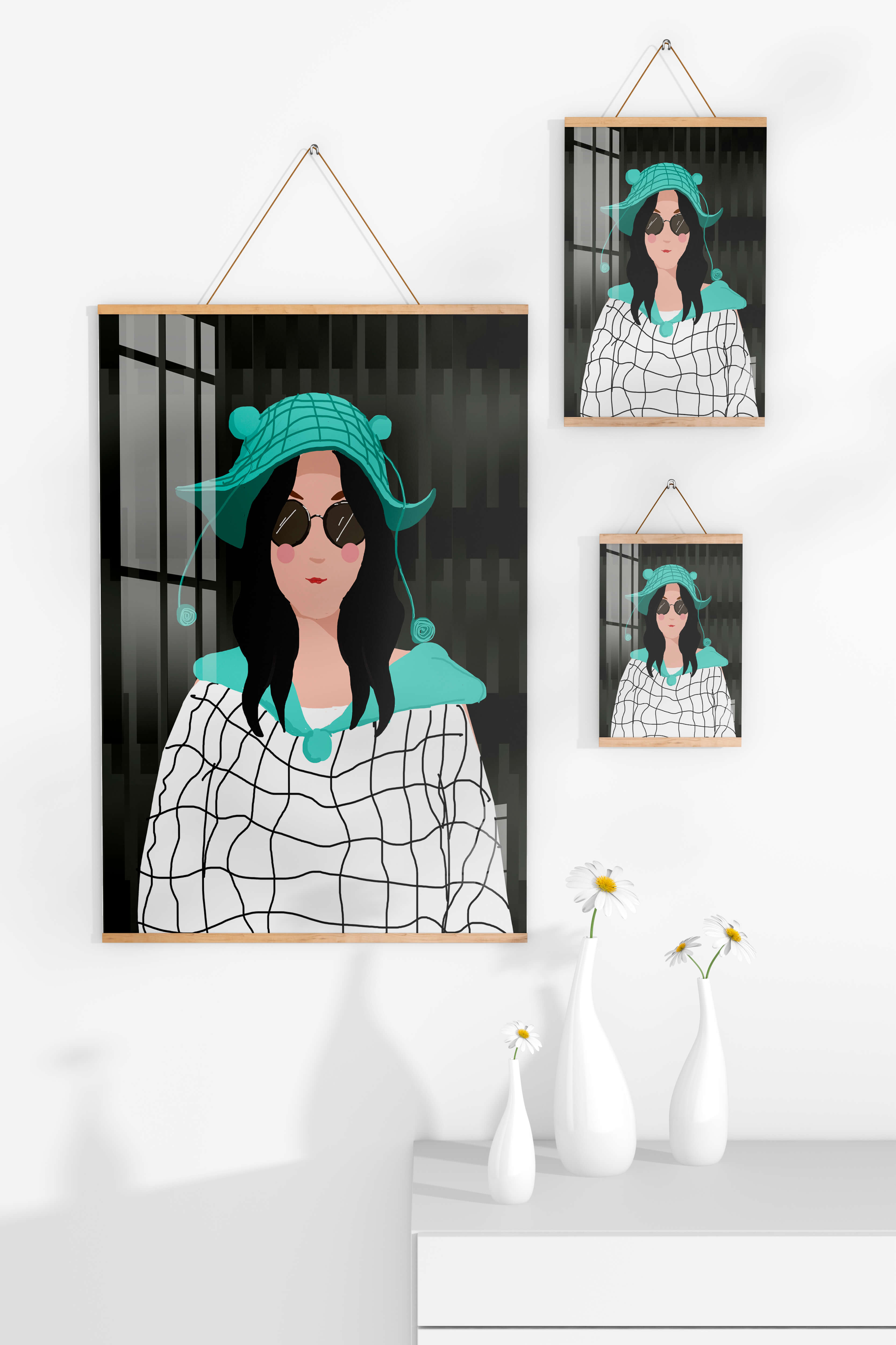 Illustration of a woman in a colorful hat and sunglasses