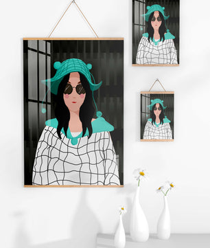 Illustration of a woman in a colorful hat and sunglasses