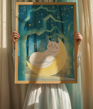 Cat sleeping on the moon in an enchanted forest under the starry sky