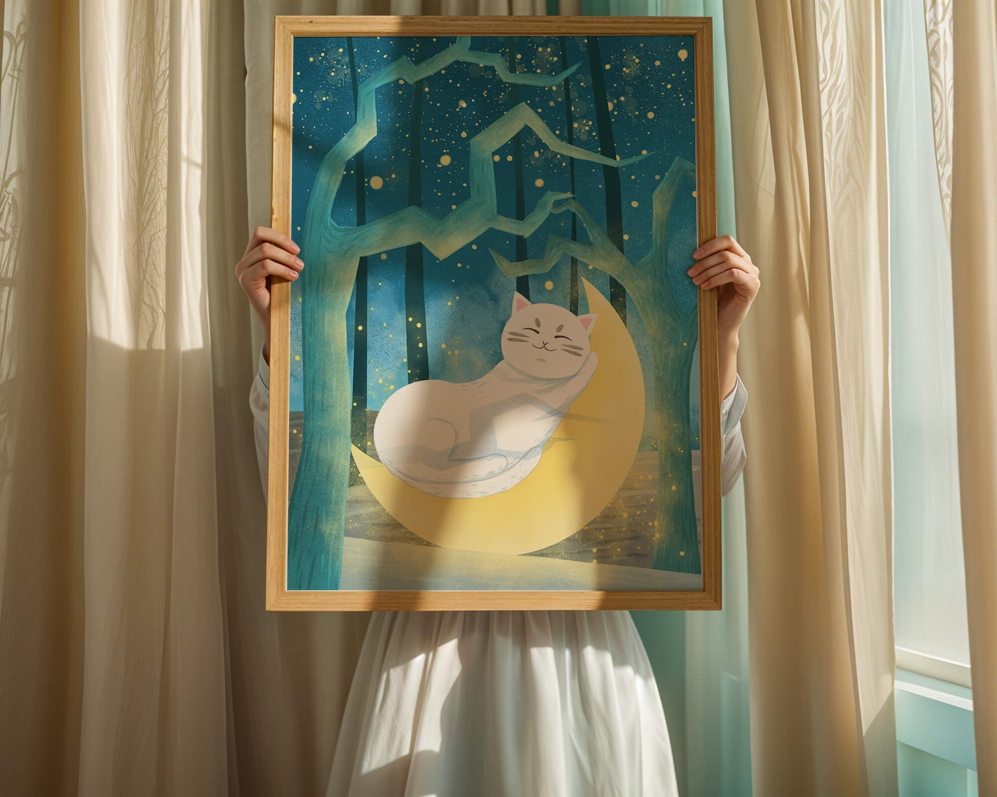 Cat sleeping on the moon in an enchanted forest under the starry sky