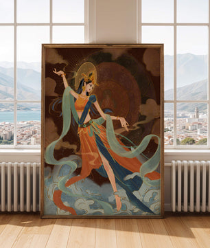 Elegant depiction of an ethereal dancer in vibrant traditional attire