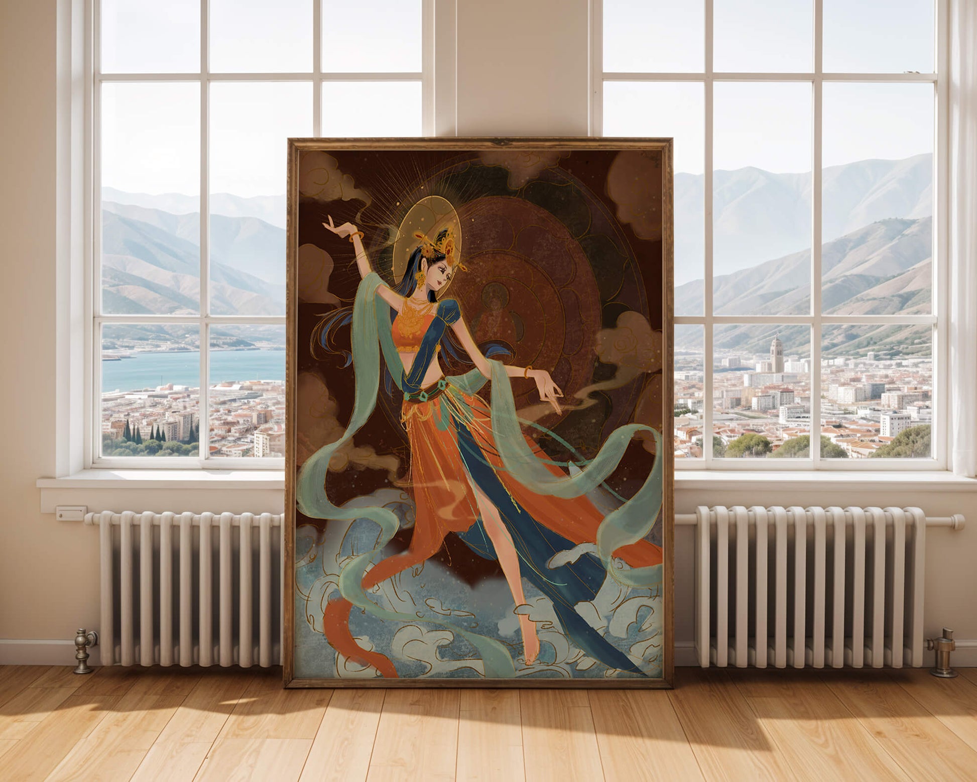 Representación elegante de una bailarina etérea con un vibrante atuendo tradicional.