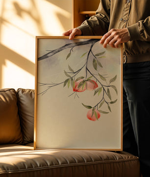 Peaceful Botanical Illustration of Branches with Leaves and Peaches - Mi tienda