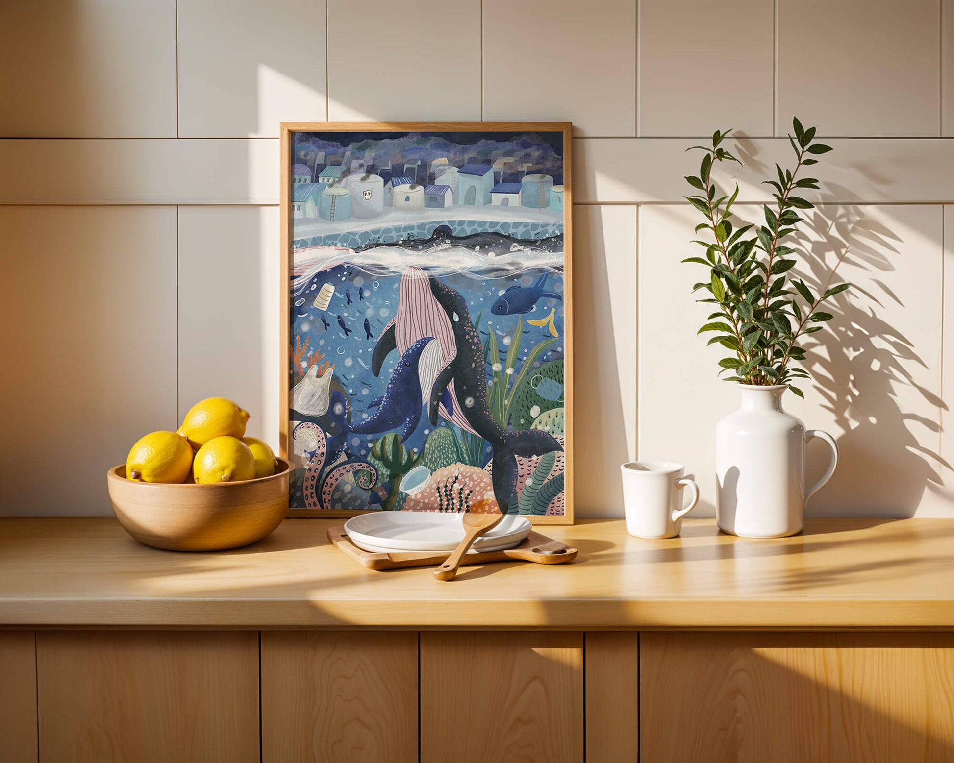 Whimsical Underwater City with Marine Life and Pollution