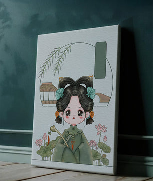 Charming illustration of a cute character in traditional Asian attire with floral elements