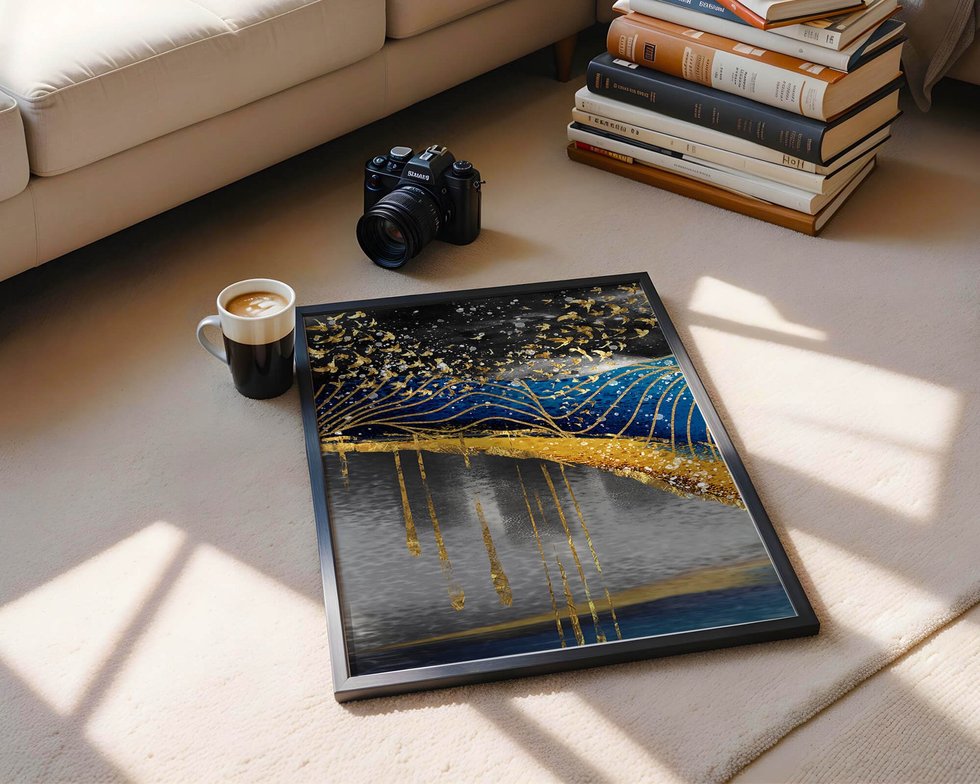 Abstract Night Sky With Golden Birds And Waves