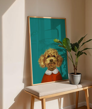 Portrait de caniche charmant en tenue de fête sur fond turquoise