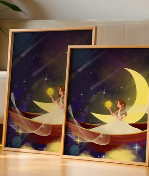 Enchanted night scene with a fairy on a crescent moon