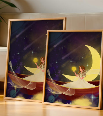 Enchanted night scene with a fairy on a crescent moon