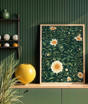 Floral pattern with daisies on a dark green background
