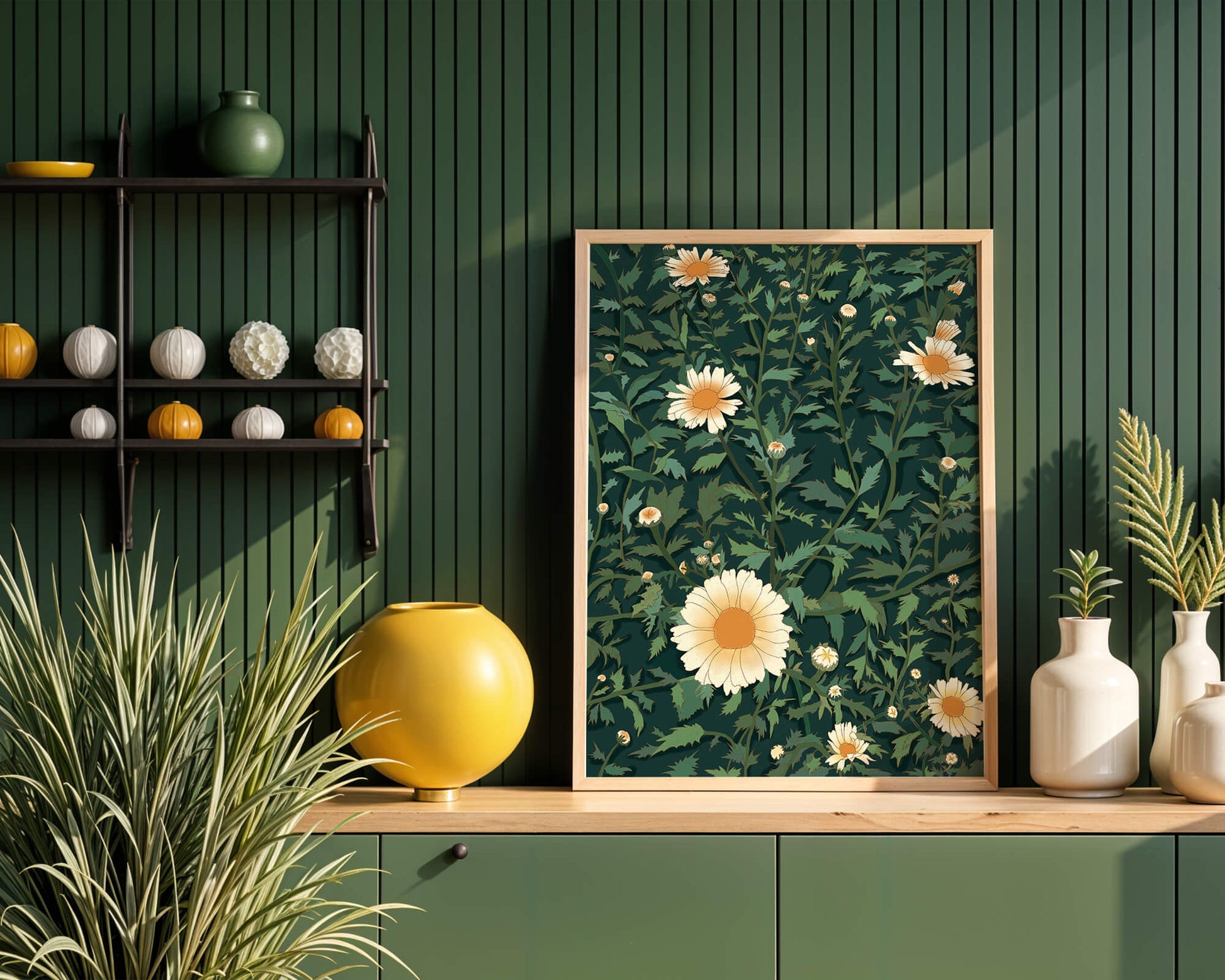 Floral pattern with daisies on a dark green background