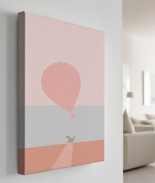Gato en un paisaje minimalista con globo aerostático
