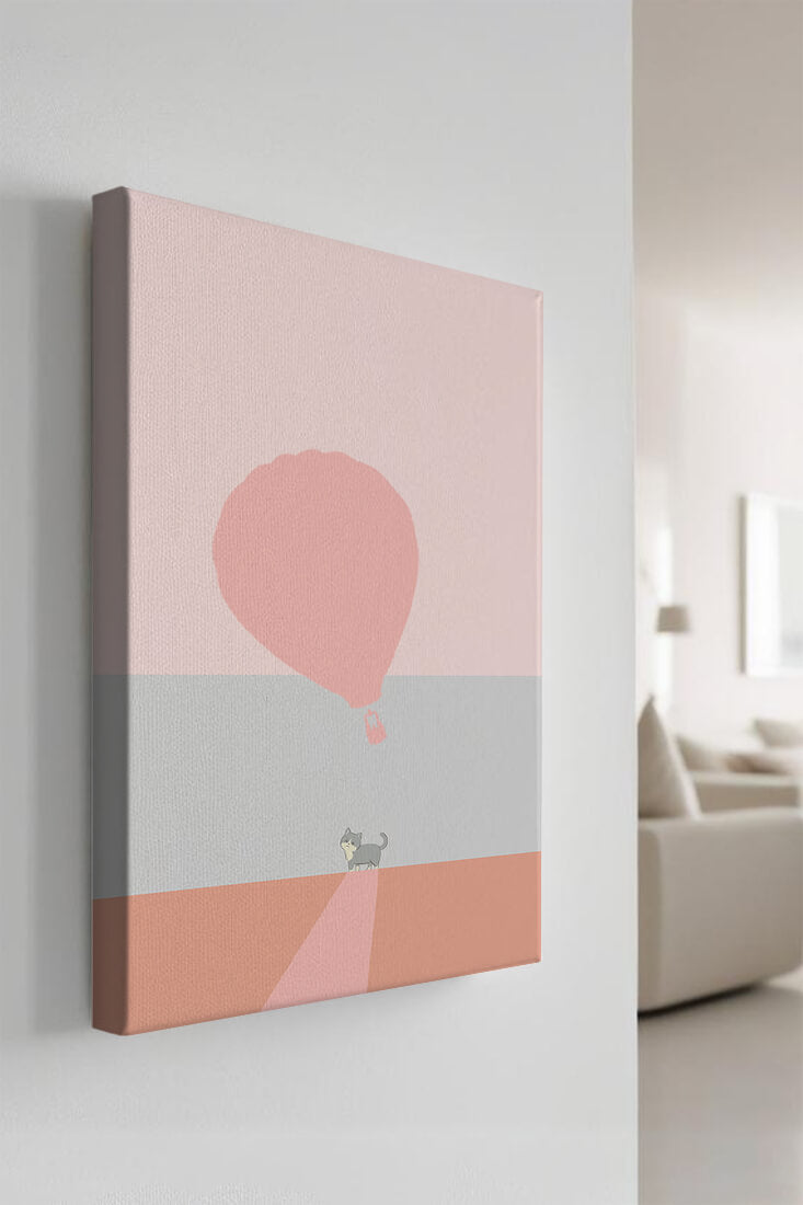 Cat in Minimalist Landscape with Hot Air Balloon