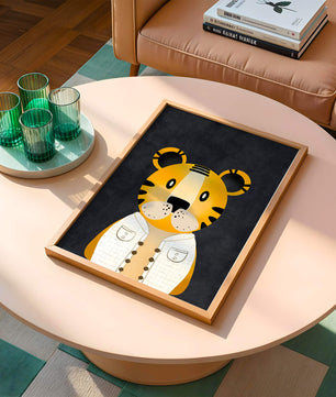 Illustration of cute cartoon tiger character in stylish outfit on dark background