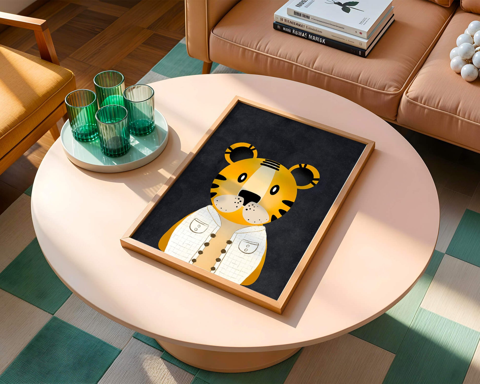 Illustration of cute cartoon tiger character in stylish outfit on dark background