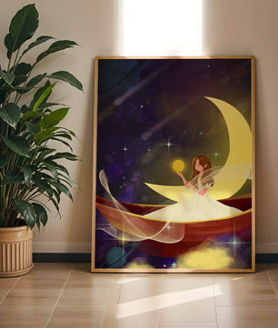 Enchanted night scene with a fairy on a crescent moon