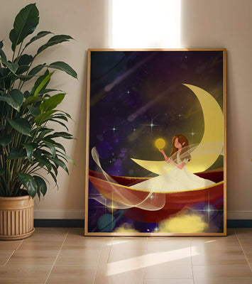 Enchanted night scene with a fairy on a crescent moon