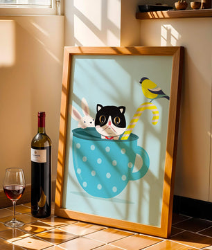 Playful illustration of cat, rabbit, and bird in a teacup