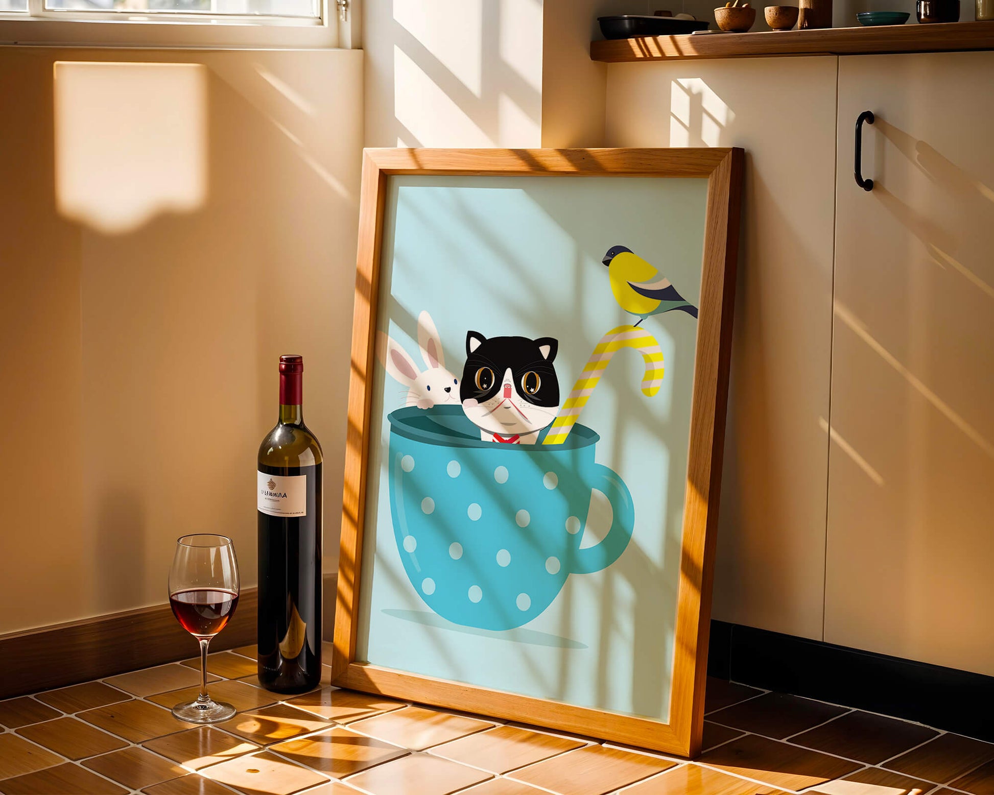 Ilustración lúdica de un gato, un conejo y un pájaro en una taza de té.