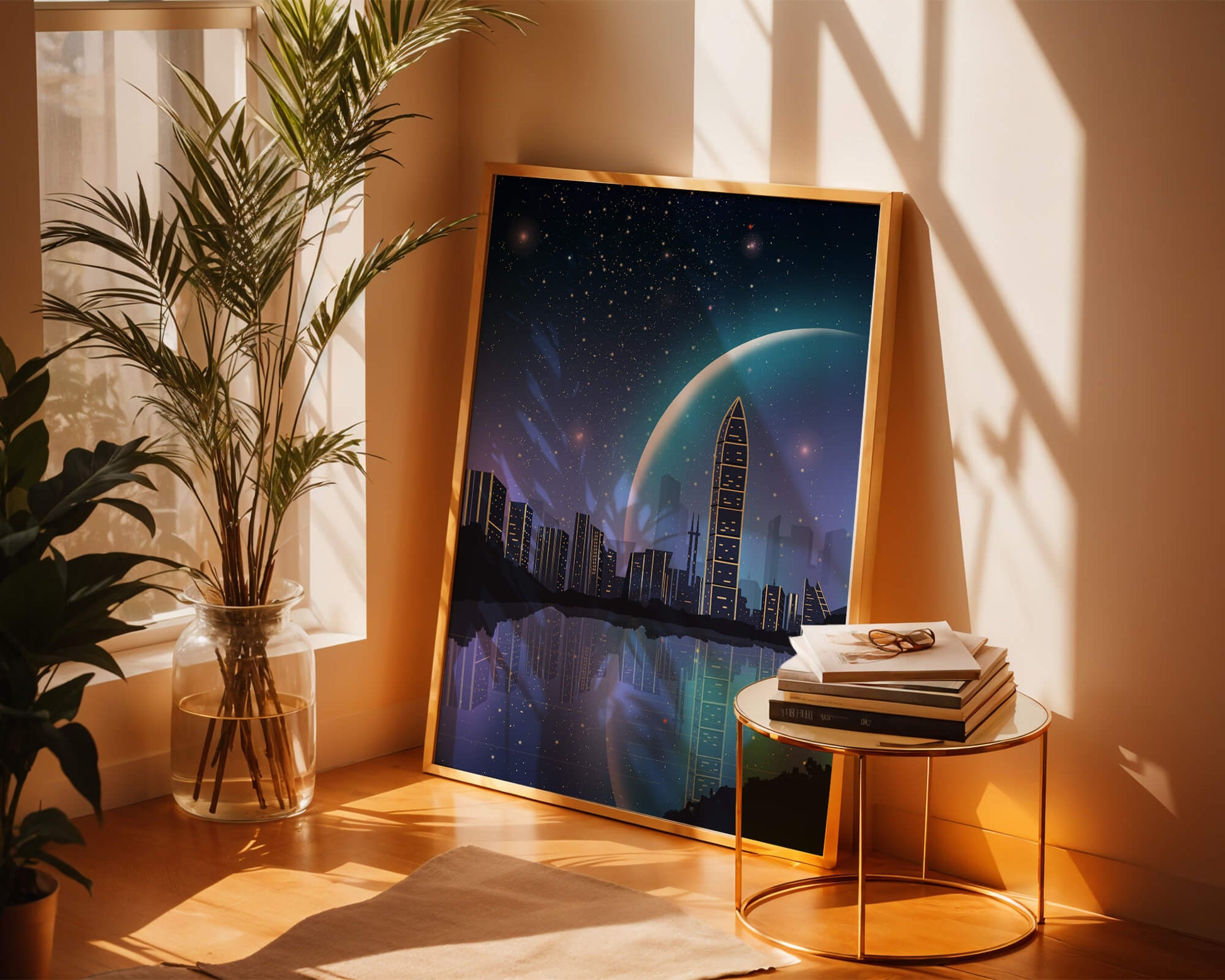 Futuristic cityscape under a starry night sky