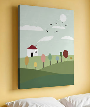 Minimalist Landscape with Colorful Trees and House