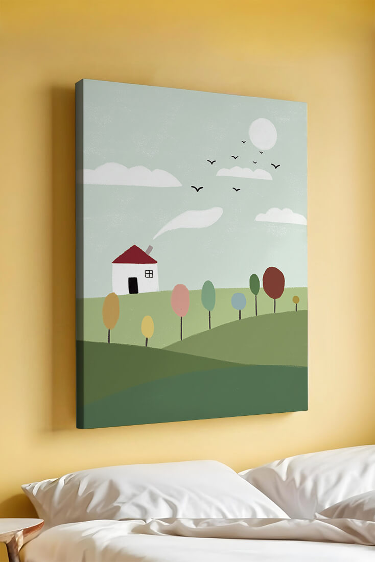 Minimalist Landscape with Colorful Trees and House