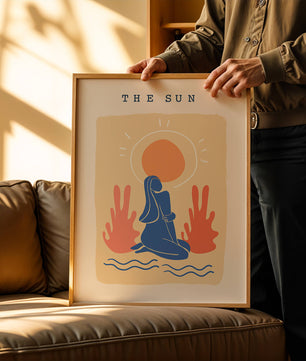 Modern abstract art poster featuring the sun and a serene figure in blue and coral tones - Mi tienda