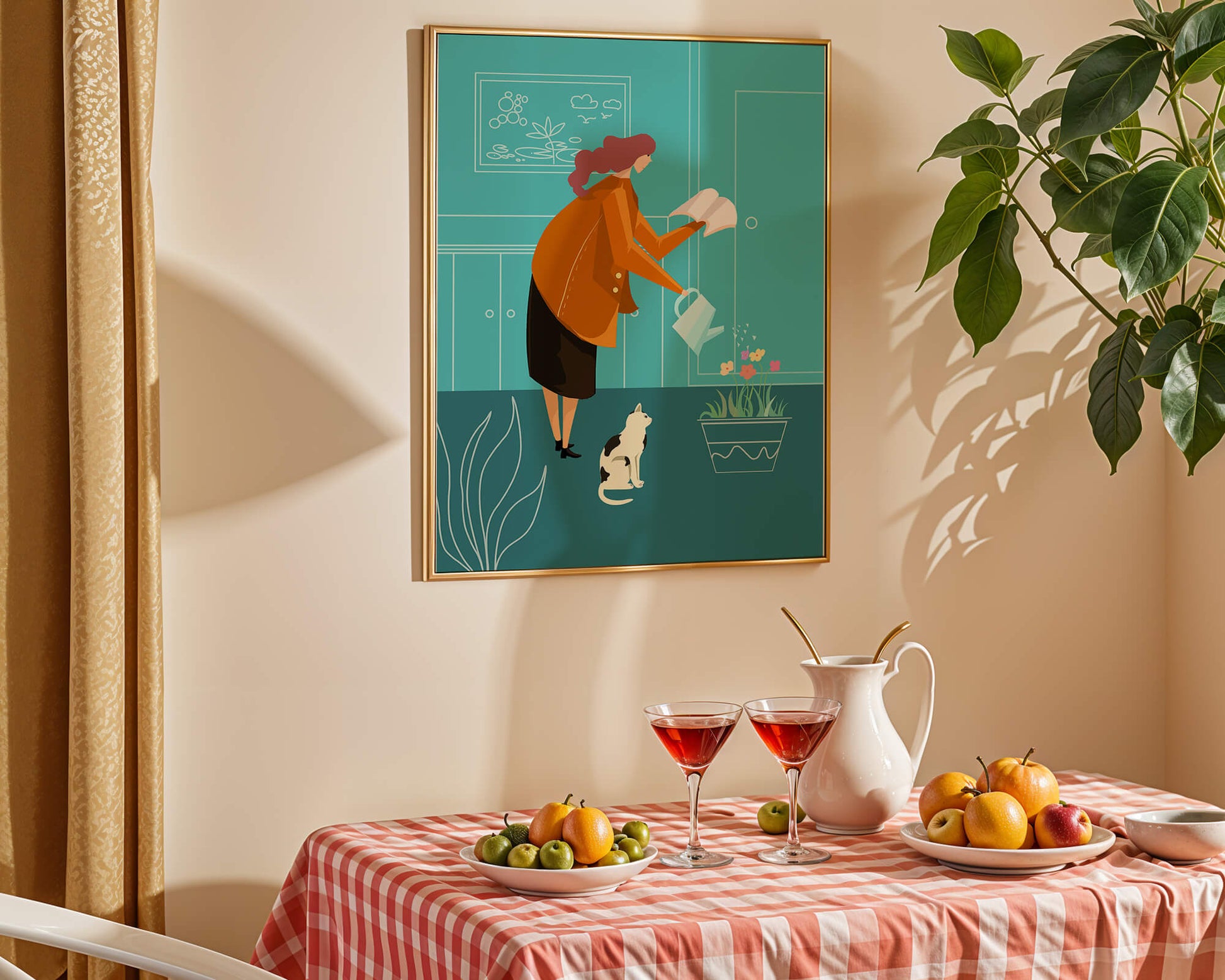 Mujer regando flores con un gato en un interior moderno