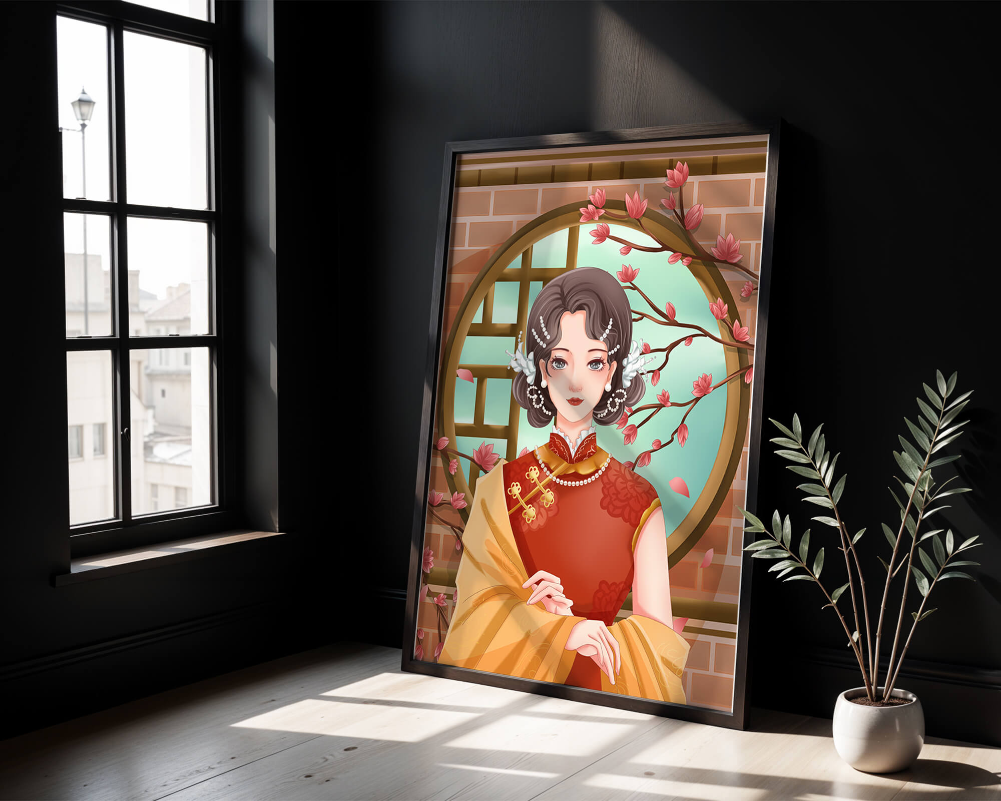 Elegant woman in traditional dress with floral background