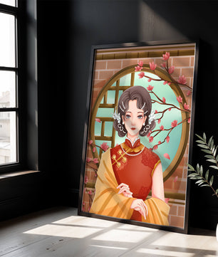 Elegant woman in traditional dress with floral background