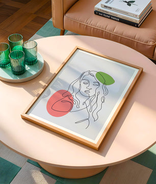Line Art Portrait auf grauem Hintergrund mit Farbakzenten 