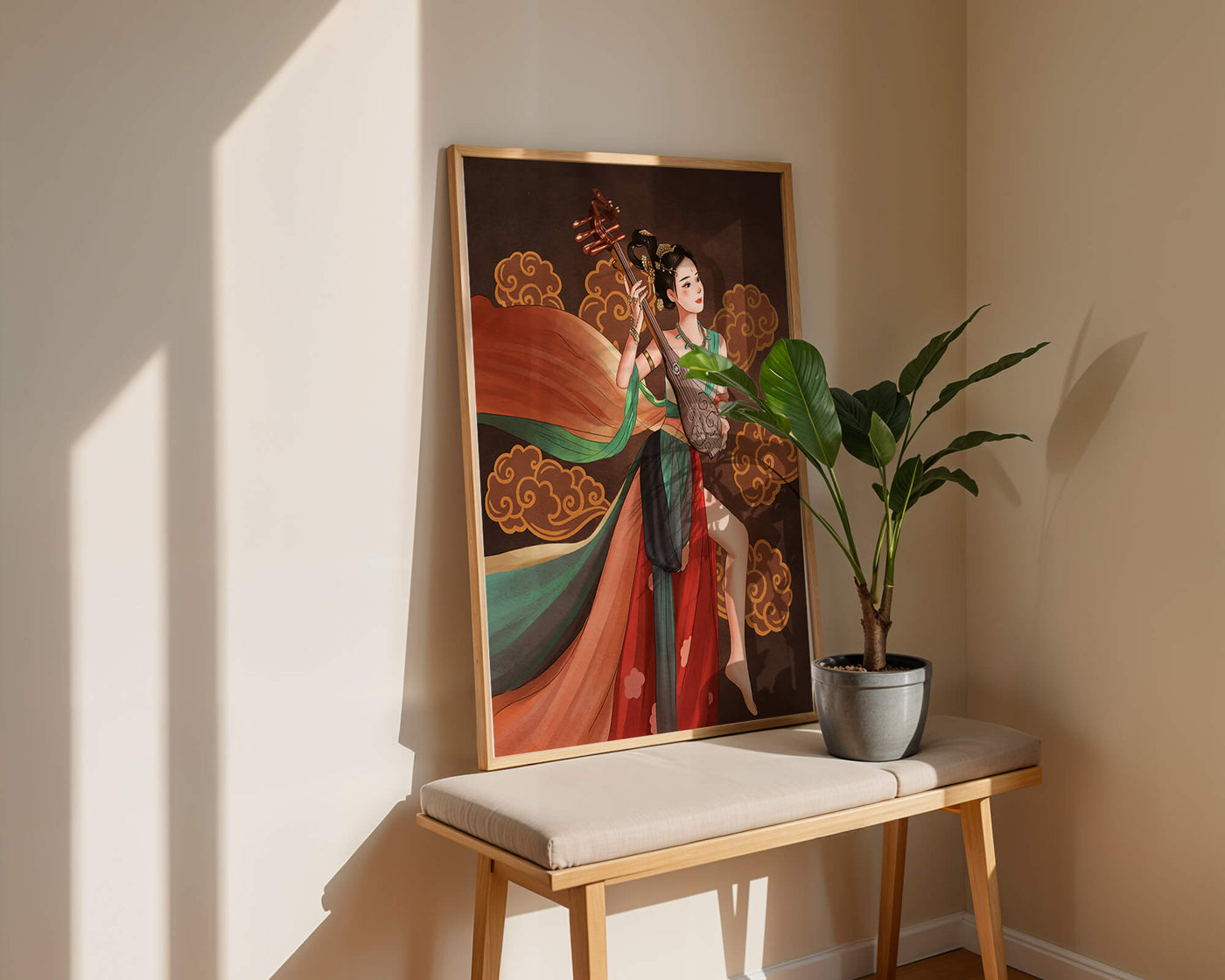 Elegant depiction of a woman playing a traditional string instrument with flowing garments and ornate background